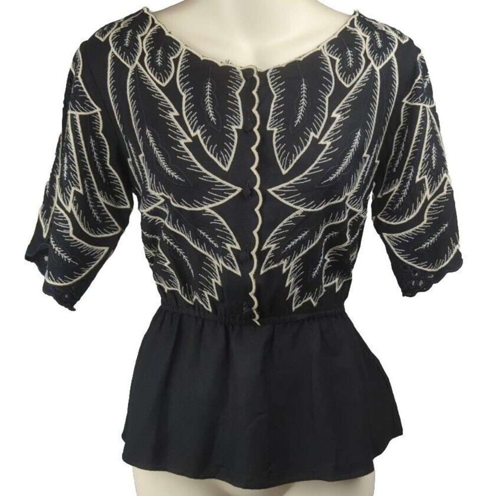 MAPLE Anthropologie Peplum Embroidered Top Leaf Print Black Cream XS 0
